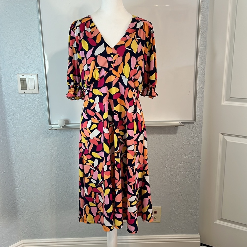 Maggy London V Neck Floral Lined Dress Coral Pink Navy 14